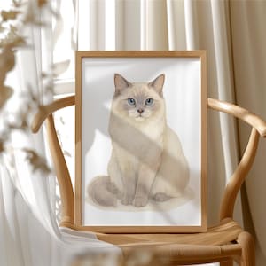 Seal Point Ragdoll Cat Watercolor Art, Blue Eyed Cat Print, Cream and Brown Coat Feline Decor, Soft Fur Wall Poster HP-156