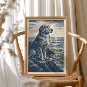 Póster de Golden Retriever en un acantilado, arte mural náutico para perros, lámina vintage de mascota oceánica, decoración costera para amantes de los perros, regalo tranquilo junto al mar, HP-103