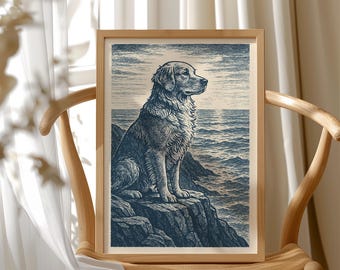 Lámina náutica de Golden Retriever: arte canino costero vintage