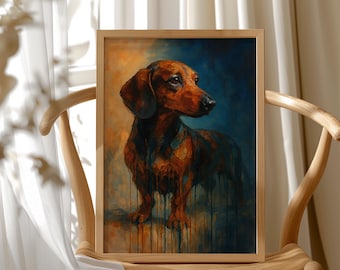 Dachshund Oil Painting Print: Impressionist Sausage Dog Wall Art, HP-222