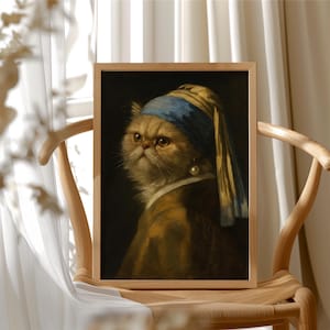 Parodia artistica del gatto di Vermeer, stampa del gatto "La ragazza con l'orecchino di perla", poster del meme sul gatto persiano, divertente decorazione da parete con un gatto classico, regalo per gli amanti dei gatti, HP-118