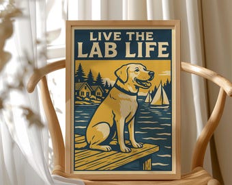 Retro Labrador Lake Life Art Print: Cabin Dog Decor, HP-57