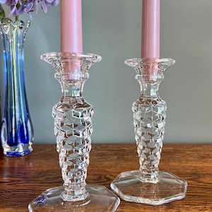 Fostoria American Crystal Candlestick Holders Set of 2 Clear Glass Mid Century Modern 6.25&quot; Geometric Pattern Elegant Vintage Decor
