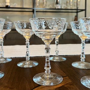 Vintage Rock Sharpe Cocktail Glasses Set of 7 Artic Rose Etched Floral Pattern 1940s Champagne Dessert Glasses Libbey Safedge
