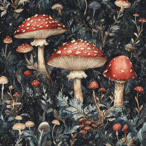Midnight Mushroom Vintage-Inspired Cloth Napkins Set of 4 | Whimsical Mushroom Decor | Unique Reusable Holiday Napkins