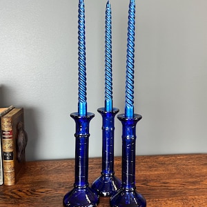 Cobalt Blue Candlestick Holders Set of 3 Recycled Glass Made in Spain 8 Inch Tall Heavy Candle Holder Modern Coastal Table Decor