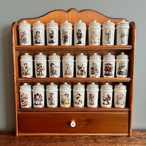 Vintage Spice Jar Set M.J. Hummel Porcelain with Wooden Rack Danbury Mint Complete 24 Jars 24k Gold Trim Collectible Kitchen Decor