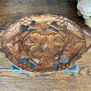 Antique Black Forest Carved Wooden Fruit Bowl with Music Box Rare Grapes and Leaves Centerpiece Collectible Late 19th Century 1800s