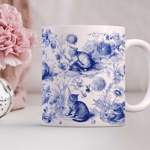 French Toile Cat Mug, Blue Vintage-Inspired Coffee Cup, Cottagecore Kitchen Decor, Whimsical Gift for Cat Lovers, 11oz or 15oz