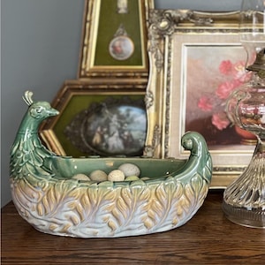 Vintage Peacock Ceramic Bowl 1960s 1970s Iridescent Glaze Centerpiece Mid Century Bird Planter Figurine Style Boho Cottage Decor