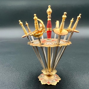 Mid Century Sword Cocktail Picks Set with Stand Toledo Spain 1960s Brass Holder 8 Mini Rapier Picks Bar Cart Decor Martini Olive Skewers