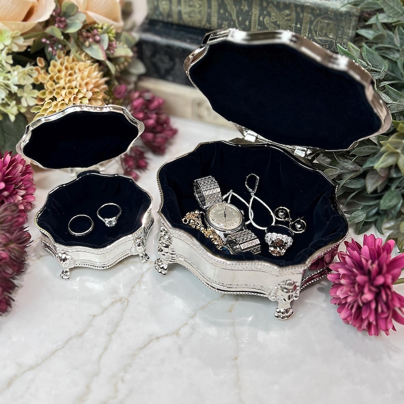 Personalized Victorian Ring Box Small 4" x 3" Silver Engraved Jewelry Box Lion Feet Antique Style Proposal, Wedding, Bridesmaid Gift image 3