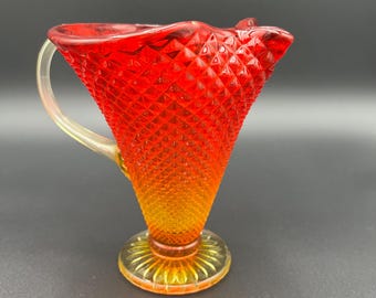 Amberina Glass Footed Pitcher - Pressed Diamond Pattern, Persimmon Color, Circa 1940, Vintage Floral Vase, Elegant Handle, 4-Part Mold