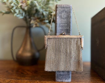 Antique German Silver Mesh Evening Bag with Floral Filigree Frame, 1920s Glamour, Chain Mail Bag