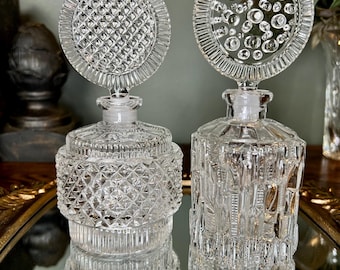 Pair of Vintage Pressed Glass Perfume Bottles with Round Stoppers Mid Century Vanity Decor Elegant Clear Crystal Decorative Bottles