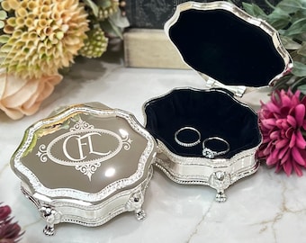 Personalized Victorian Ring Box Small 4" x 3" Silver Engraved Jewelry Box Lion Feet Antique Style Proposal, Wedding, Mother's Day Gift