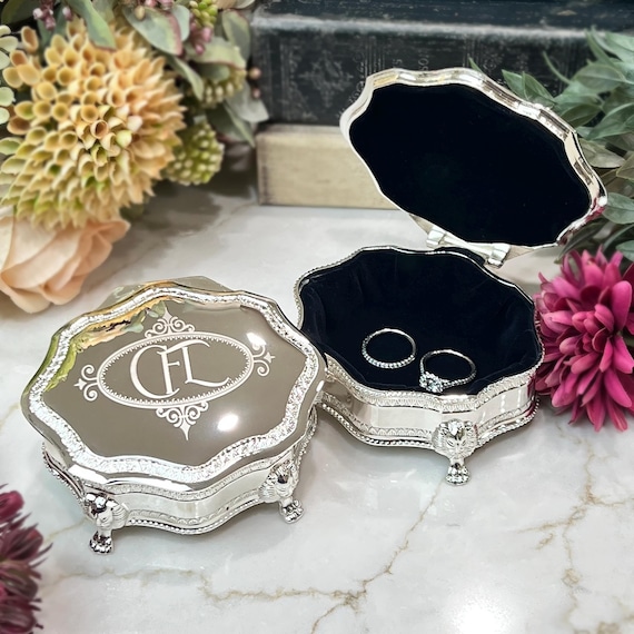 Personalized Victorian Ring Box Small 4" x 3" Silver Engraved Jewelry Box Lion Feet Antique Style Proposal, Wedding, Bridesmaid Gift