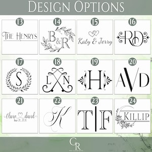 May include: A grid of twelve black and white design options labeled 13 through 24 under the heading Design Options. Each square features unique typography, monograms, names, dates, and floral or heart motifs for custom engraving or printing.