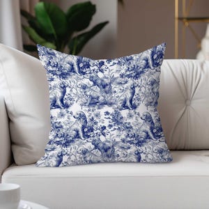 Toile Dog Throw Pillow, Blue French-Inspired Golden Retriever Cushion, Cottagecore Pet Decor, Vintage Accent for Couch or Bed
