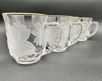 WP&G Crystal Poinsettia Mugs Set of 4 Frosted Holiday Glassware with Braided Handles and Gold Rims, Hot Chocolate Mugs