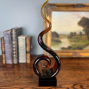 Murano Style Amber Green Glass Swirl Sculpture Vintage Hand Blown Ribbon Art Modern MCM Home Decor Heavy Glass Figurine