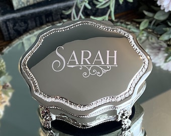 Personalized Victorian Jewelry Box Large 6 x 5 Engraved Silver Keepsake w Lion Feet Antique Style Wedding Birthday Baptism Gift