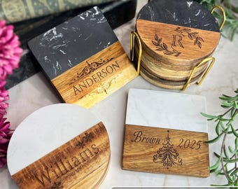 Personalized Engraved Marble & Wood Coasters – Custom Family Name or Initial – Handmade Housewarming, Holiday, or Hostess Gift Set