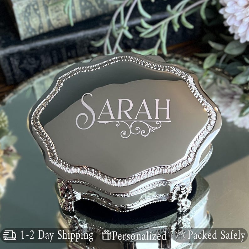 Personalized Victorian Ring Box Small 4" x 3" Silver Engraved Jewelry Box Lion Feet Antique Style Proposal, Wedding, Bridesmaid Gift image 6
