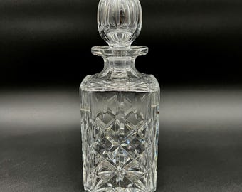 Vintage 1980s Cut Crystal Whiskey Decanter Heavy Square Cognac Barware with Faceted Stopper