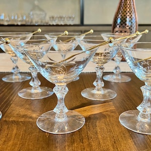 Etched Crystal Cocktail Glasses Set of 8 Vintage 1960s Martini Coupe Floral Cut Champagne Stemware