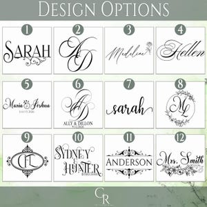 May include: A grid of twelve black and white design options labeled with numbers one through twelve. Each square features unique typography, monograms, floral accents, or decorative borders with names like Sarah, Madeline, Hellen, Maria, Joshua, Ally, Dillon, Sydney, Hunter, Anderson, and Mrs. Smith.