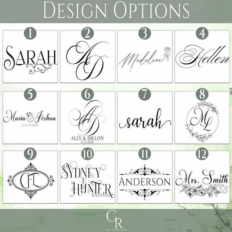 May include: A grid of twelve black and white design options labeled with numbers one through twelve. Each square features unique typography, monograms, floral accents, or decorative borders with names like Sarah, Madeline, Hellen, Maria, Joshua, Ally, Dillon, Sydney, Hunter, Anderson, and Mrs. Smith.