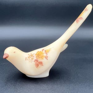 Fenton Happiness Bird Figurine Cameo Satin Custard Glass 1979 Chocolate Roses Signed Vintage Decor Mid-Century Modern Home