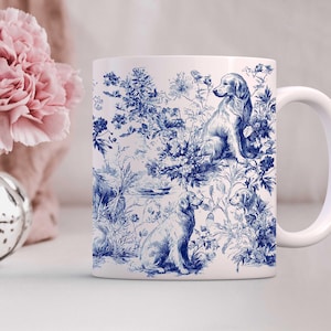 French Toile Dog Mug, Golden Retriever Coffee Cup, Blue Cottagecore Kitchen Decor, Vintage Style Dog Lover Gift, 11oz or 15oz