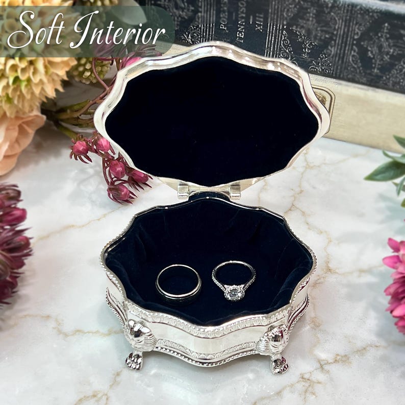 Personalized Victorian Ring Box Small 4" x 3" Silver Engraved Jewelry Box Lion Feet Antique Style Proposal, Wedding, Bridesmaid Gift image 10