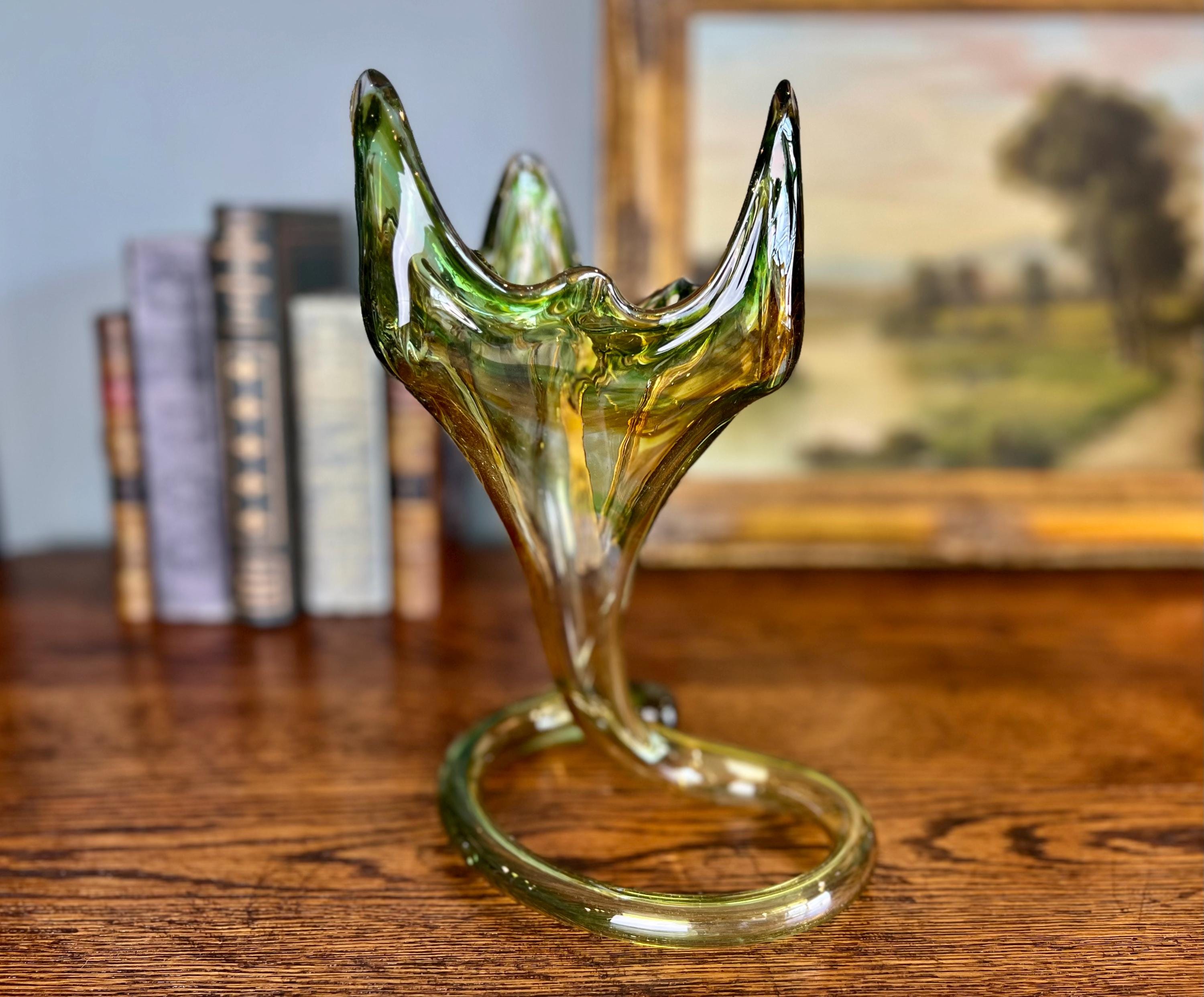 Mid Century Art Glass Vase Sooner Recycled Glass Green Brown Swirl Coiled Base Hand Blown Centerpiece MCM