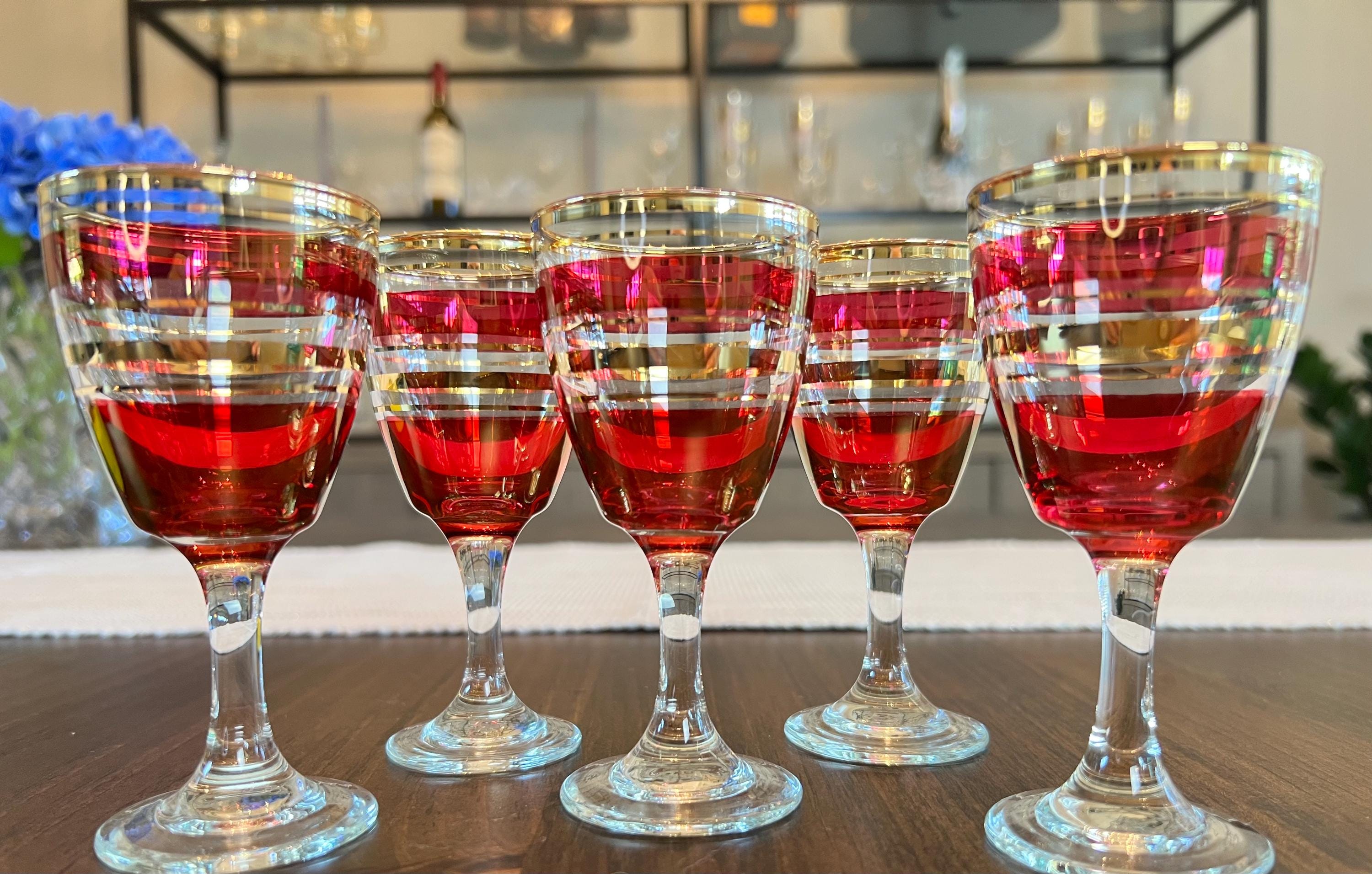 Italian Cranberry and Gold Glasses Set of 5 Vintage 1960s Sherry or Cordial Glasses Barware Italy Gold Rim Limoncello Aperitif