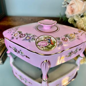 Vintage Pink Victorian Trinket Box Porcelain Footed Lidded Jewelry Dish Hand Painted Raised Gold 1950s Japan Royal Carton Arnart