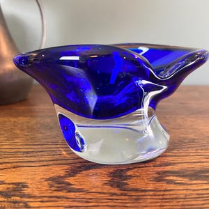 Vintage Cobalt Blue Bohemian Glass Bowl Handmade Czech Republic Art Glass Elegant Statement Decor