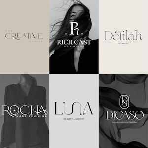 Puede incluir: Una colección de seis logotipos de marca distintos que presentan una tipografía elegante y elementos gráficos minimalistas. Los diseños incluyen textos como The Creative Studio, Rich Cast, Delilah Intimates, Rocha Moda Feminina, Luna Beauty Academy y Dicaso.