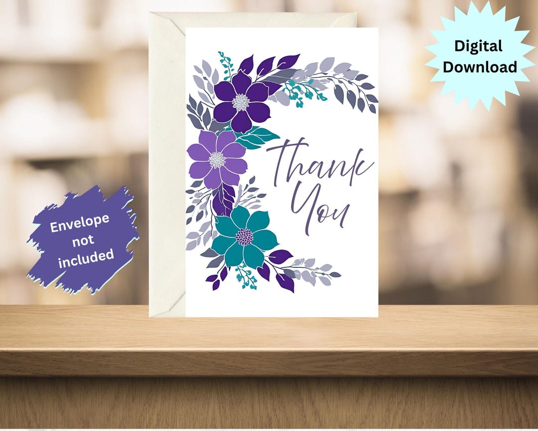 Floral Thank You Card: Purple and Teal Flowers (4x6 Digital Download ...