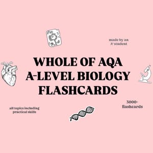 Könnte beinhalten: Rosaer Hintergrund mit schwarzem Text, der "WHOLE OF AQA A-LEVEL BIOLOGY FLASHCARDS" lautet. Der Text ist umgeben von Illustrationen eines Herzens, eines Mikroskops, einer Zelle und einer DNA-Strang. Der Text "made by an A student" erscheint in der oberen rechten Ecke. Der Text "all topics including practical skills" erscheint in der unteren linken Ecke. Der Text "3000+ flashcards" erscheint in der unteren rechten Ecke.