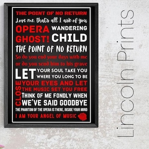 The Phantom of the Opera Musical Inspired Theatre Poster Print Art Quotes Typography West End Broadway Framed A3 16.5&quot; x 11.7&quot; Lyrics