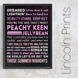 Grease Musical Inspired Theatre Poster Print Art Quotes Typography West End Broadway Framed A3 16.5&quot; x 11.7&quot; Lyrics Danny Sandy Rydell High
