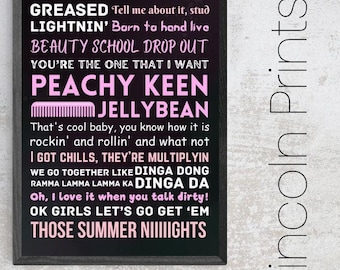 Grease musical geïnspireerd theater poster afdrukken kunst citaten typografie West End Broadway ingelijst a3 16,5 x 11,7 inch songteksten Danny Sandy Rydell High
