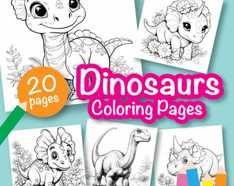 20 Easy Dinosaur Coloring Pages For Kids, Digital Files, Coloring Book Simple,