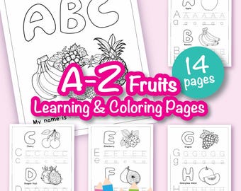 A-Z Fruits Coloring Pages, Kids Worksheets, Printable Alphabet Coloring Sheets for Kids in Homeschooling or Classroom Learning.