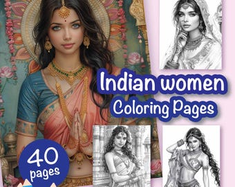 40 Indian women Colouring Pages for Adults and for Kids Grayscale Colouring, Printable PDF, Perfect for Stress Relief & Creativity