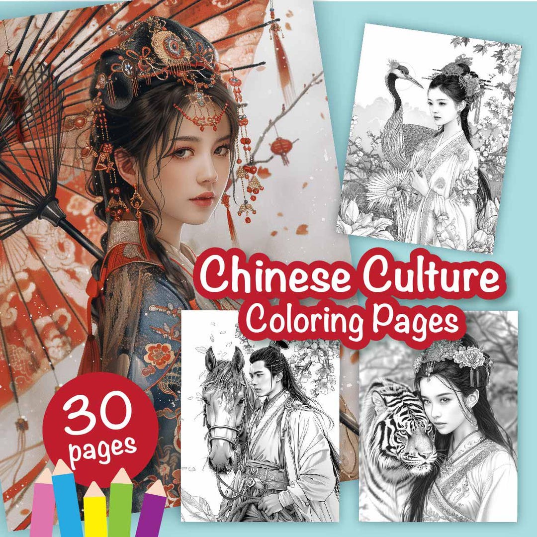 30 Chinese Culture Colouring Pages for Adults and for Kids Grayscale ...