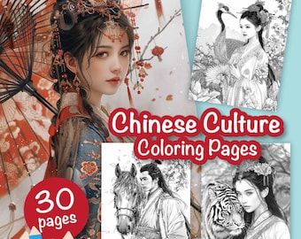 30 Chinese Culture Colouring Pages for Adults and for Kids Grayscale Coloring, Printable PDF, Perfect for Stress Relief & Creativity